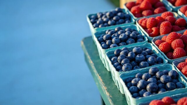 Fresh blueberries and raspberries in pint containers at berr