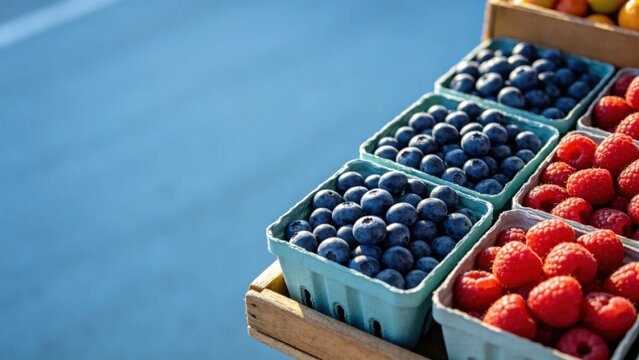 Fresh blueberries and raspberries in pint containers at berr