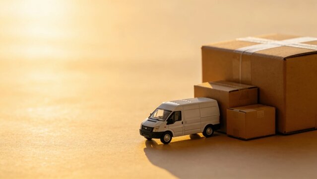 Miniature logistics scene with tiny van and oversized delive