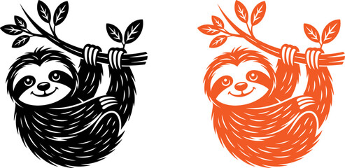 Two sloths hanging from a tree branch with leaves illustration © SAYEDAJANNATUL