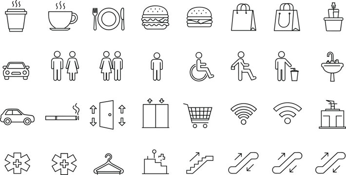 Public facility icons, restroom, shopping, food, accessibility, service signs, vector illustration