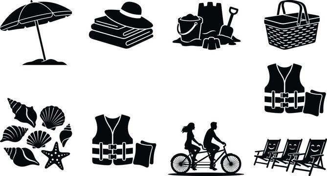 Collection of Black Beach and Summer Vacation Holiday Icons