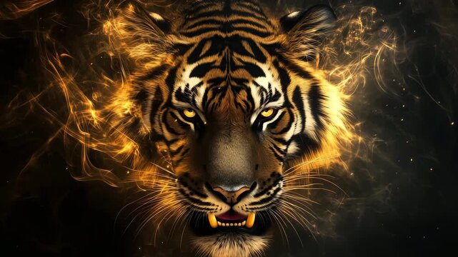 Close up of a tigers head with glowing patterns evolving in a dark background highlighting the animals features and colors