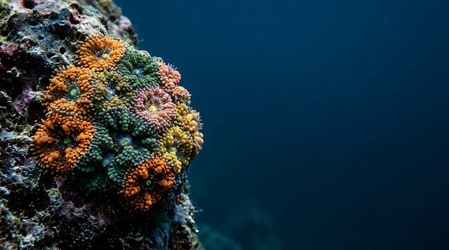 Colorful coral colony growing on an underwater rock reef