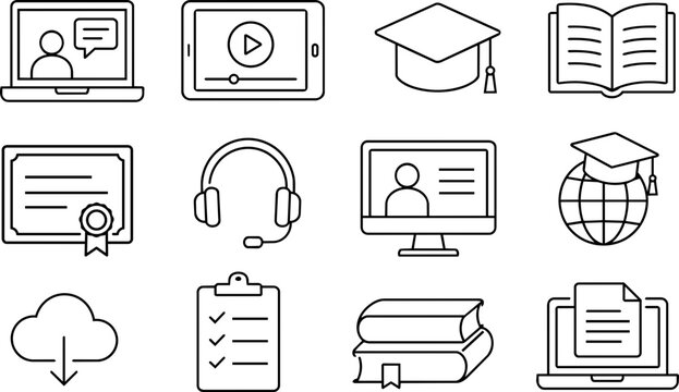 Education & E-Learning Line Art Icon Set &ndash; Online Learning, Virtual Classroom, Digital Education Outline Icons