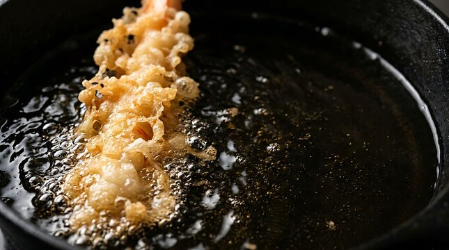 Shrimp tempura deep frying in hot oil