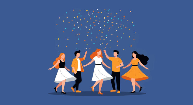 Five happy people celebrating and dancing together under falling confetti on a blue background.