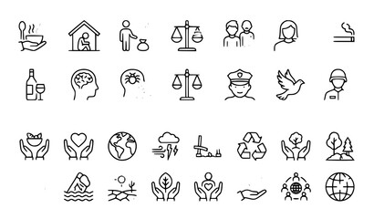 Fototapeta premium Global Social Issues Environmental Awareness and Humanitarian Thin Line Icon Pack Vector