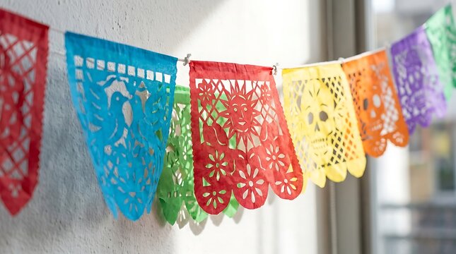 Colorful mexican papel picado flags hanging on a string