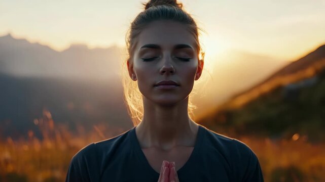 A woman is in a meditative pose with her eyes closed and fingers touching her chest as the sun sets behind her on a mountain top.
