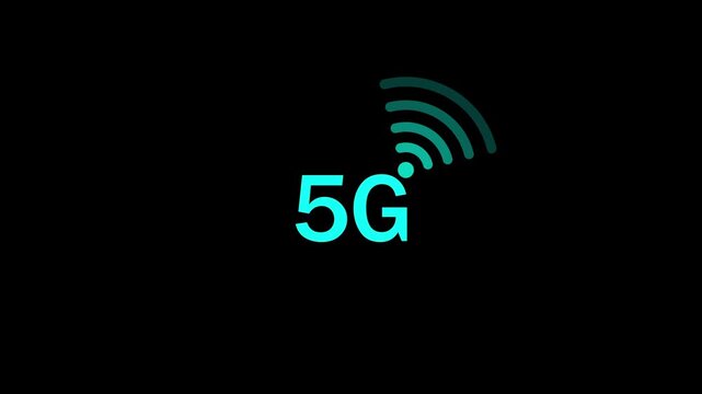 A cyan 5g text label with a teal wireless signal isolated on a black background representing speed mobile network connectivity technology