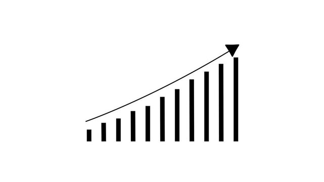 Black bar chart showing upward growth trend with an arrow pointing up on a solid white background representing business success and financial progress