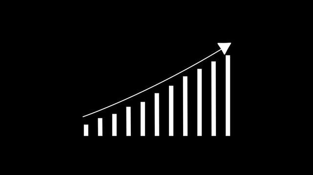 White bar chart showing upward growth trend with an arrow pointing up on a solid black background representing business success and financial progress