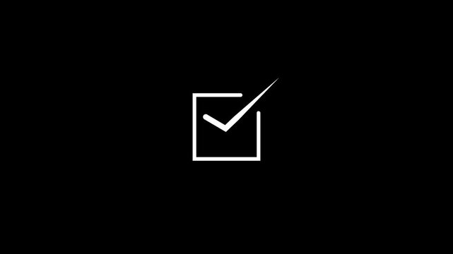 Simple white line checkmark inside a square frame isolated on a solid black background for user interface and digital navigation