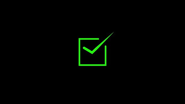 Bright neon green checkmark inside a square frame glowing against a dark black background for digital user interface and web