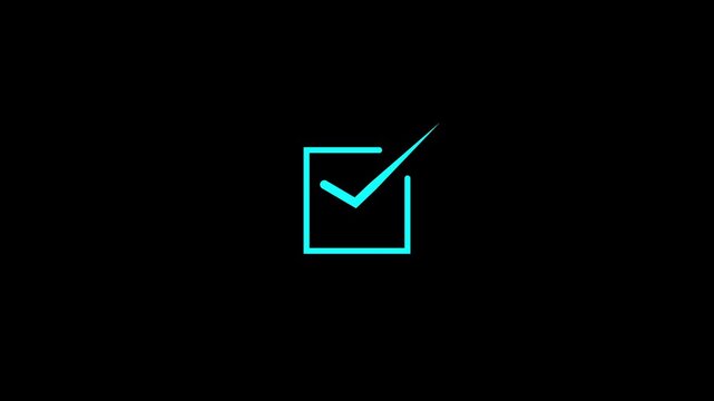 Cyan neon light checkmark inside a square frame glowing against a dark black background for digital user interface and web