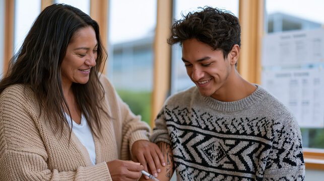 Maori nurse and a specialty pharmacy trainer demonstrating subcutaneous injection technique to a young male patient using a practice pad and autoinjector device in a well-lit