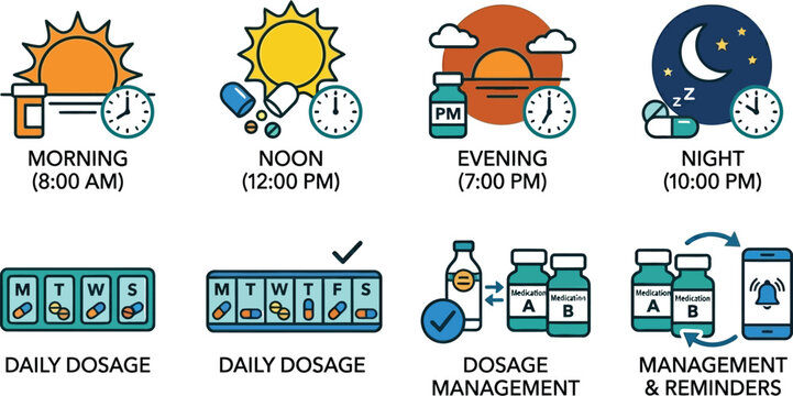 Daily medication dosage icons track recurring health and treatment cycles.