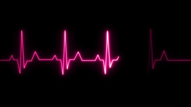 Vibrant pink neon heartbeat line monitor display showing a rhythmic pulse wave pattern isolated on a deep black background for medical concepts