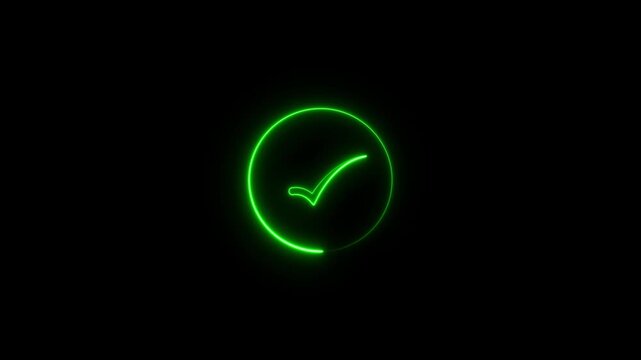 Glowing neon green check mark inside a circular frame isolated on a black background representing a successful task completion or validation symbol