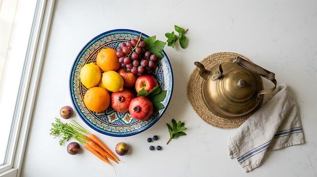 Fresh seasonal fruits and vegetables in a bowl with vintage kettle