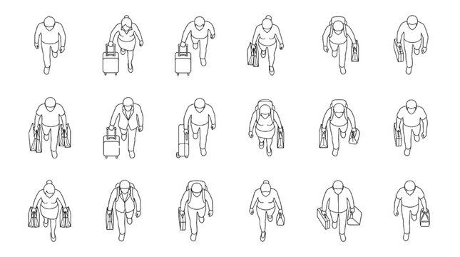Top view people walking with luggage architectural vector plan view linework