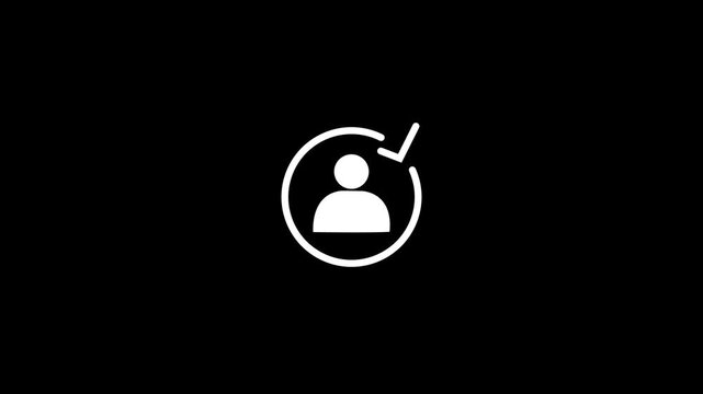 White user inside a circle with a check mark symbol indicating a verified account or completed profile status on a solid black background