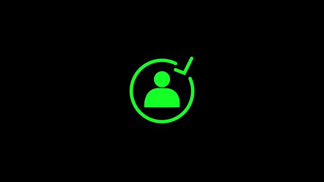Glowing neon green user inside a circle with a check mark symbol representing a verified digital profile on a solid black background