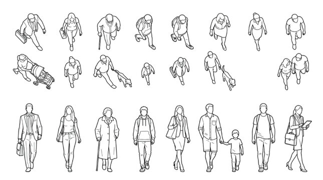 Isometric top view and elevation people linework CAD scale figures