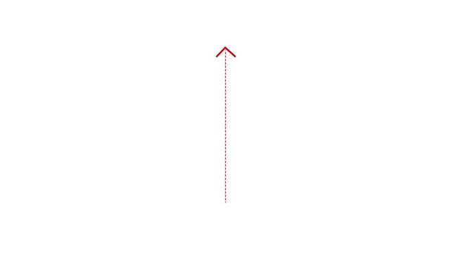 Simple red arrow pointing upwards composed of a dashed line on a clean white background for navigation and direction indicating growth or progress