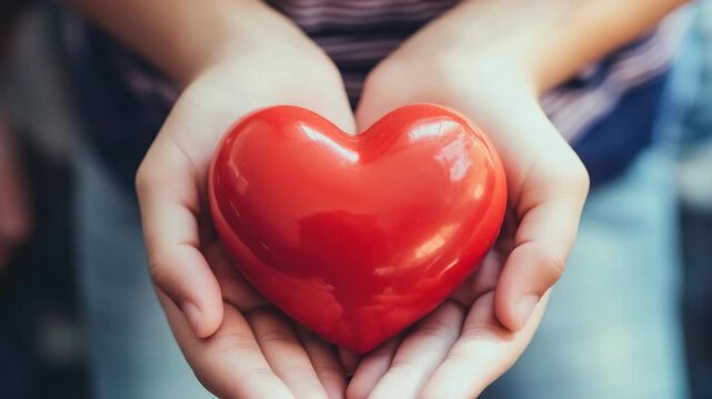 Person's hand delicately cradling a large red heart. Symbolic ry for love, care, and compassion.