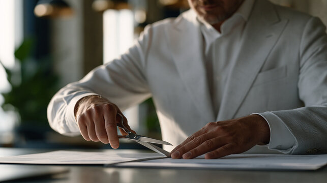 Kazakh male finance officer carefully cutting a laminated annual report in half with precision scissors on a boardroom table, fluorescent overhead lighting, budget rationalization