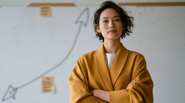 Vietnamese female startup founder standing before a hand-drawn rocket trajectory arc taped to a bare office wall, sparse minimalist studio space with a single motivational index