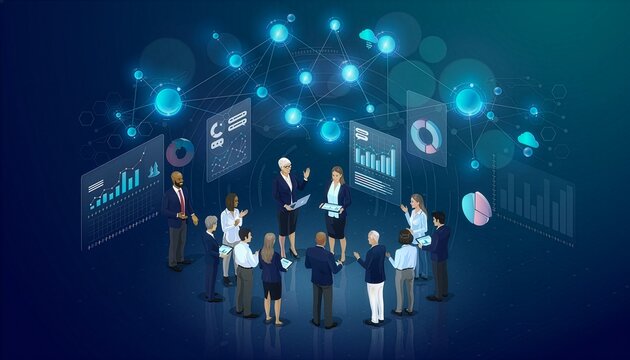 Isometric illustration displays a business team discussing various financial charts and glowing network nodes arranged in a dark circular space.