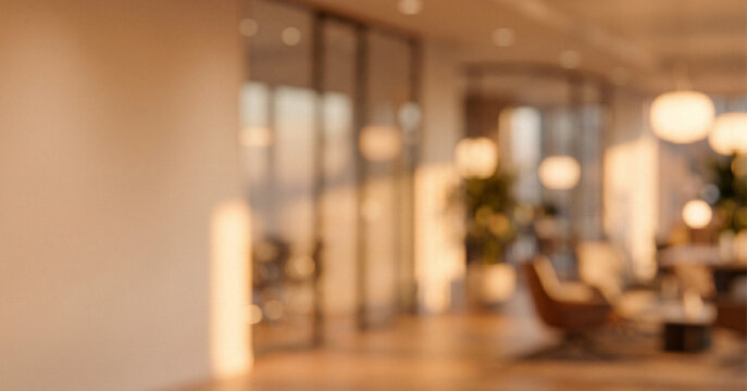 A modern office interior with a blurred background, featuring large windows, stylish furniture, and warm lighting creating a comfortable atmosphere.