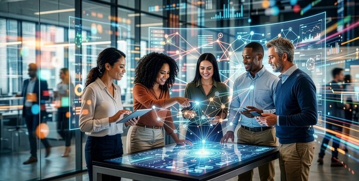 Diverse business group collaborates around an interactive glowing touch table presenting vibrant data visualizations inside a modern office.