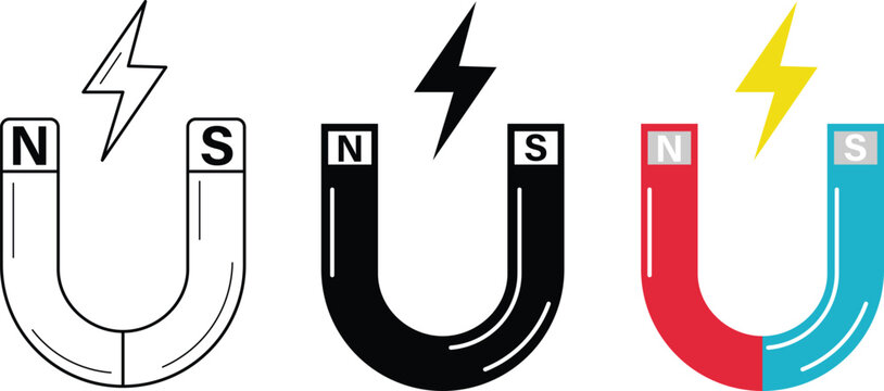 Horseshoe magnet and electromagnetic field vector icon set with magnetic force symbol