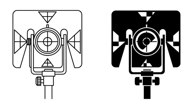 Survey Equipment: Detailed illustration of a surveying instrument with a viewfinder and target markers, presented in both line art and silhouette, ready for precise measurement.