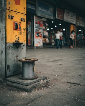 A Spool of Steel Wire Rests on a Concrete Base in an Urban Street Setting