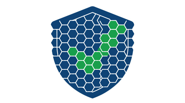 Abstract shield logo design with honeycomb pattern and checkmark symbol.