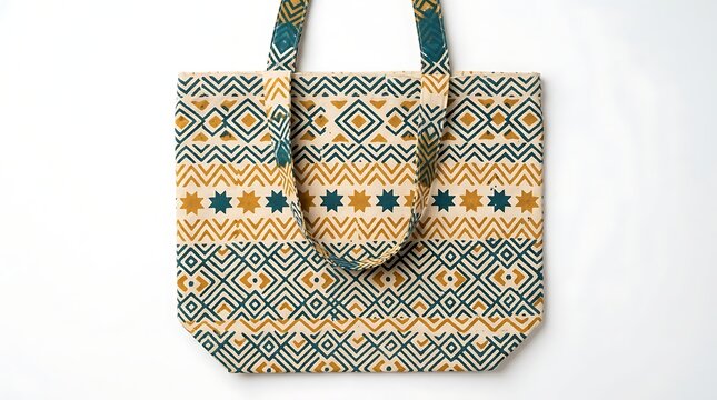 Reusable canvas tote bag with teal and yellow ethnic pattern