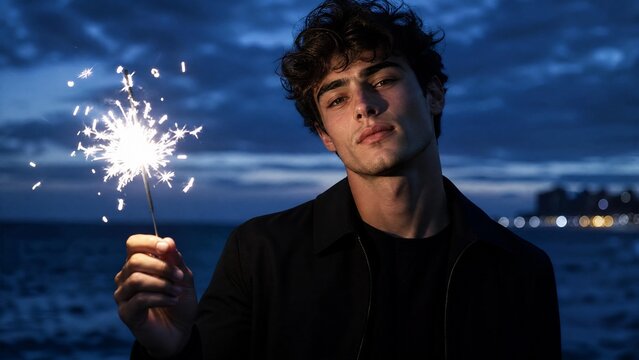 Handsome Young Man Holding Sparkler at Night on the Beach During Blue Hour