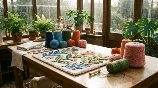 Rug tufting projects with colorful yarn on a wooden table in a sunlit greenhouse. Artisan craft work with floral pattern rug design and spools of thread for needlework hobby.