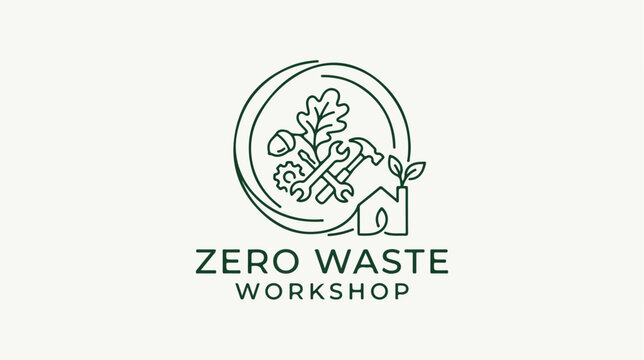 Minimalist Zero Waste Workshop Logo Design with Tools and Nature Elements.