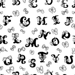 Fototapeta premium Aesthetic Coquette Letters Alphabet With Ribbon Bows Seamless Pattern. Linear Hand Drawn Doodle black Girly Typography On White Background. Vector Illustration.