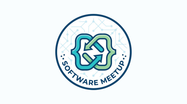 Software meetup round logo emblem with code brackets and arrows.