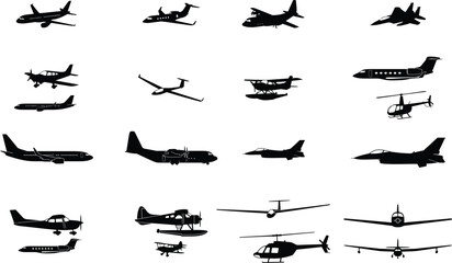 Airplane and helicopter silhouettes set featuring commercial airliners military fighter jets private planes and gliders vector illustration representing aviation travel concept. © shabbirahmed