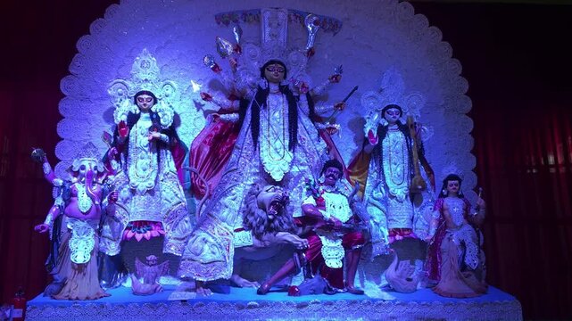 Subho mahalaya, Video of an handmade colorful idol of Goddess Durga  installed in decorated colorful Pandal during navratri festival. 