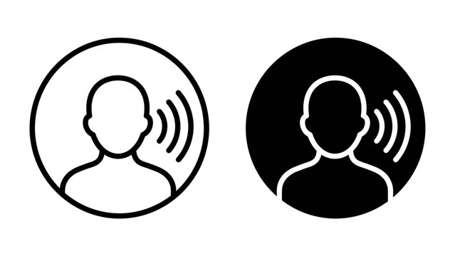 Sound Wave Icon: Two minimalist circular icons, one in white outline and the other in black silhouette, depicting a human head with sound waves emanating outwards, symbolizing audio, communication.