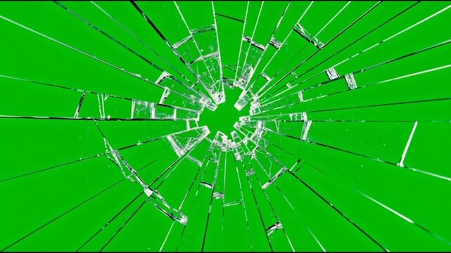 Shattered glass breaking on chroma key green screen background